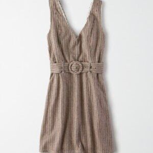 American Eagle Brown Plaid Belted Pinafore Dress